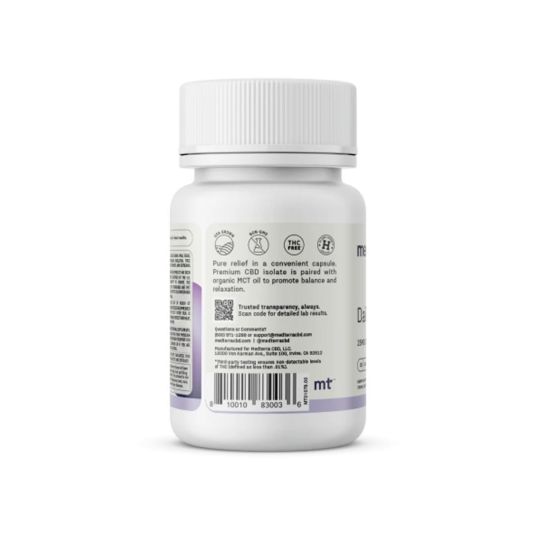A white bottle of Daily Relief CBD Isolate Capsules labeled "Medterra" is displayed, featuring icons and text highlighting its benefits, such as being THC-free and incorporating organic MCT coconut oil. The label notes that the product contains CBD isolate. A barcode and further product details are also visible.