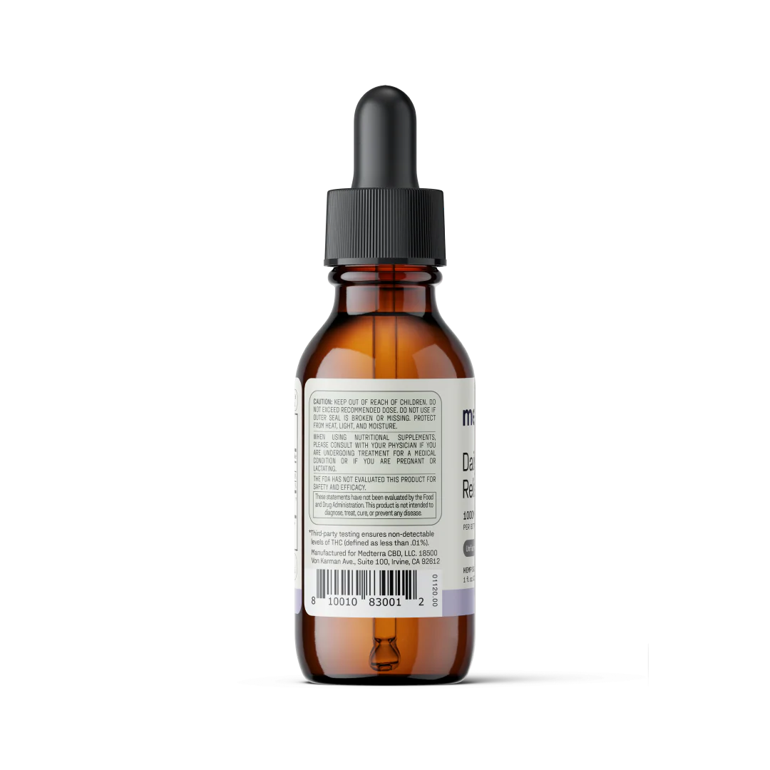 A brown glass dropper bottle with a black cap and pipette, perfect for Daily Relief CBD Isolate Oil by Medterra. The bottle features a white label with text, ingredients, and barcode. Seen from the back, the dropper inside reveals some of the liquid contents. The background is white.