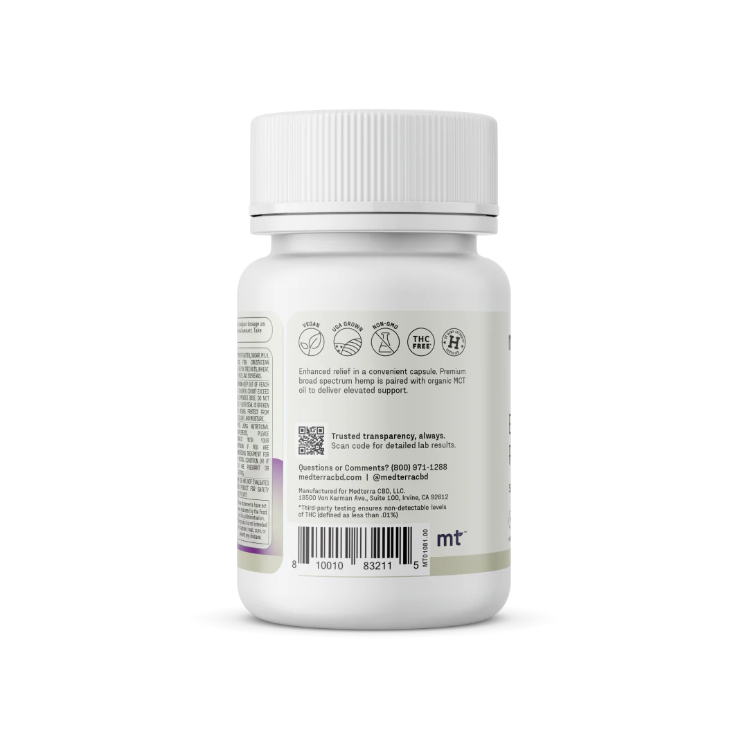 A white bottle of Medterra's Enhanced Relief Broad Spectrum Capsules, featuring Ultra Broad Spectrum CBD and certified as non-GMO, gluten-free, and vegan. The bottle includes a QR code and directions for use with a white cap on top. The background is plain white.