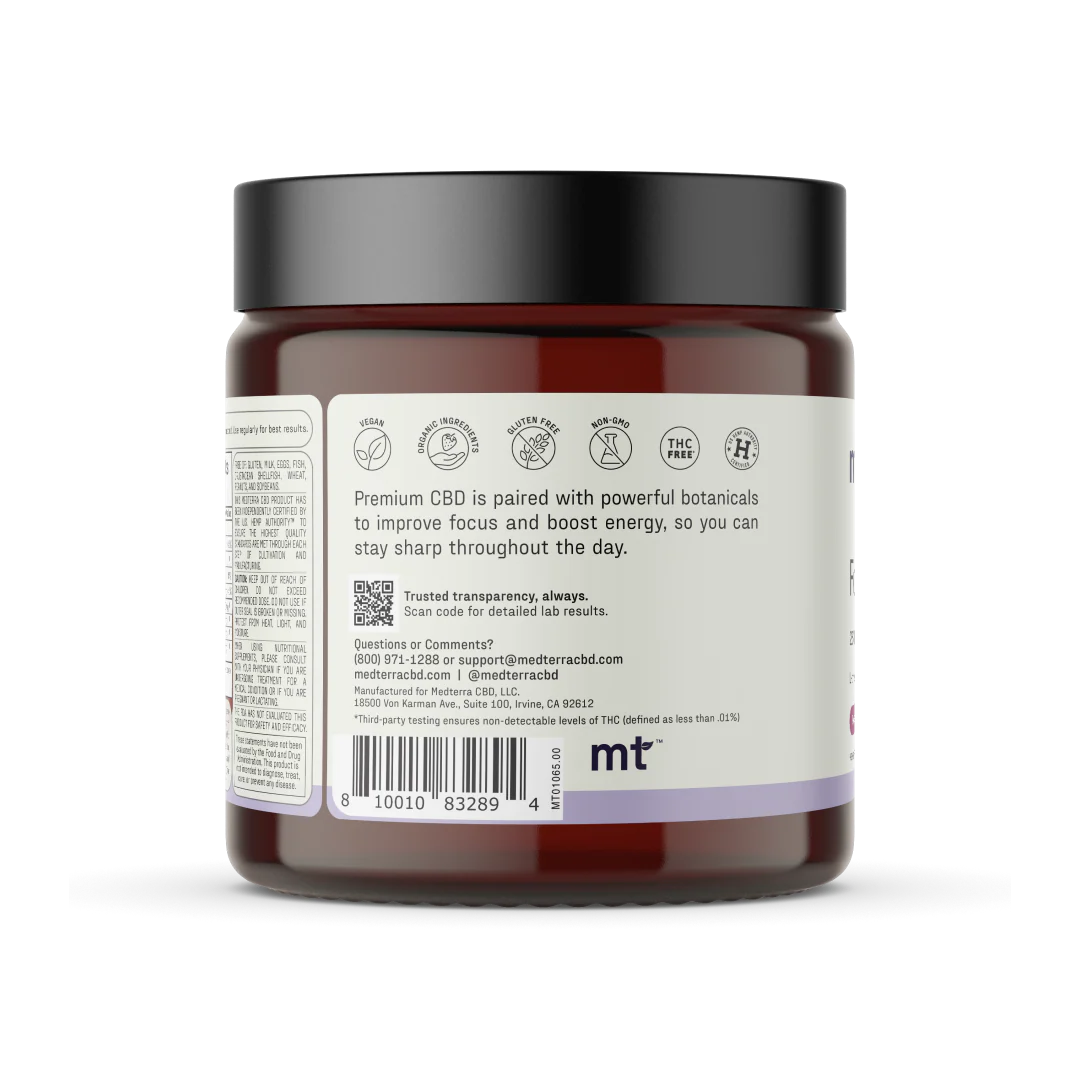 Rear view of Focus CBD Gummies jar with label ‘Premium CBD paired with botanicals to improve focus’ and black lid
