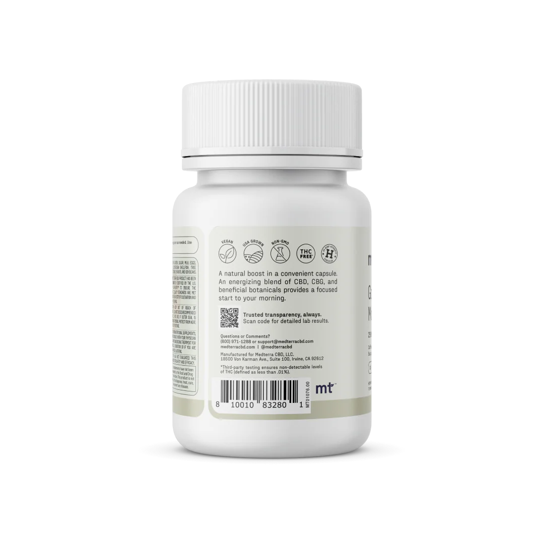 A white bottle of Medterra Good Night Capsules features a label with text and symbols, including a barcode at the bottom. The label describes ingredients like melatonin and magnesium, along with a blend of CBD, CBG, and botanicals. The bottle is topped with a ridged white cap.