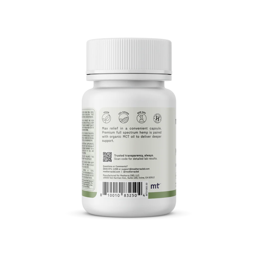 Rear view of Medterra Max Relief capsules bottle showing vegan, USA grown and non GMO icons, MCT oil mention and QR code