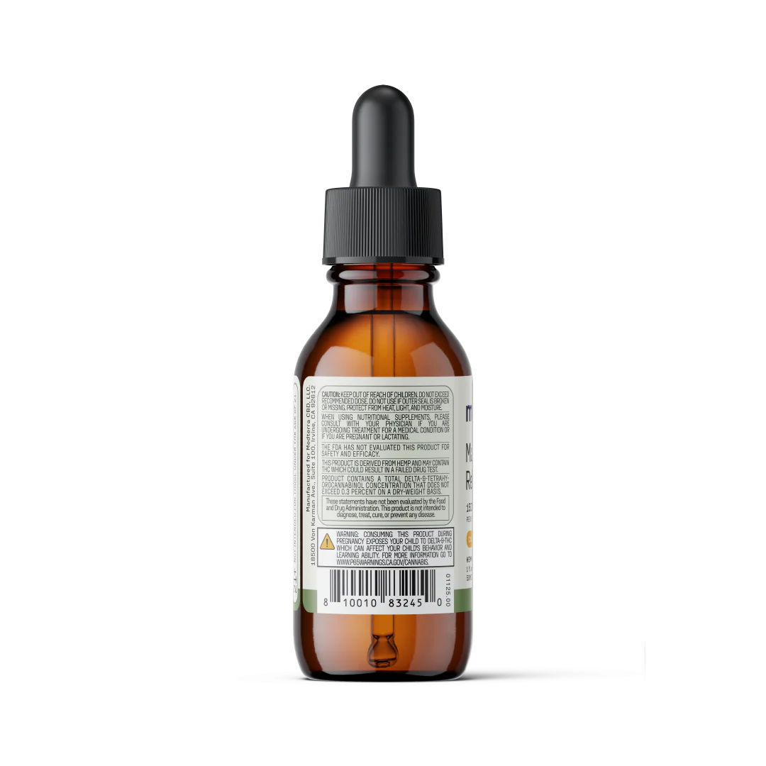 Rear view of Max Relief Full Spectrum CBD Oil 30ml amber dropper bottle showing back label with warnings and barcode on white background