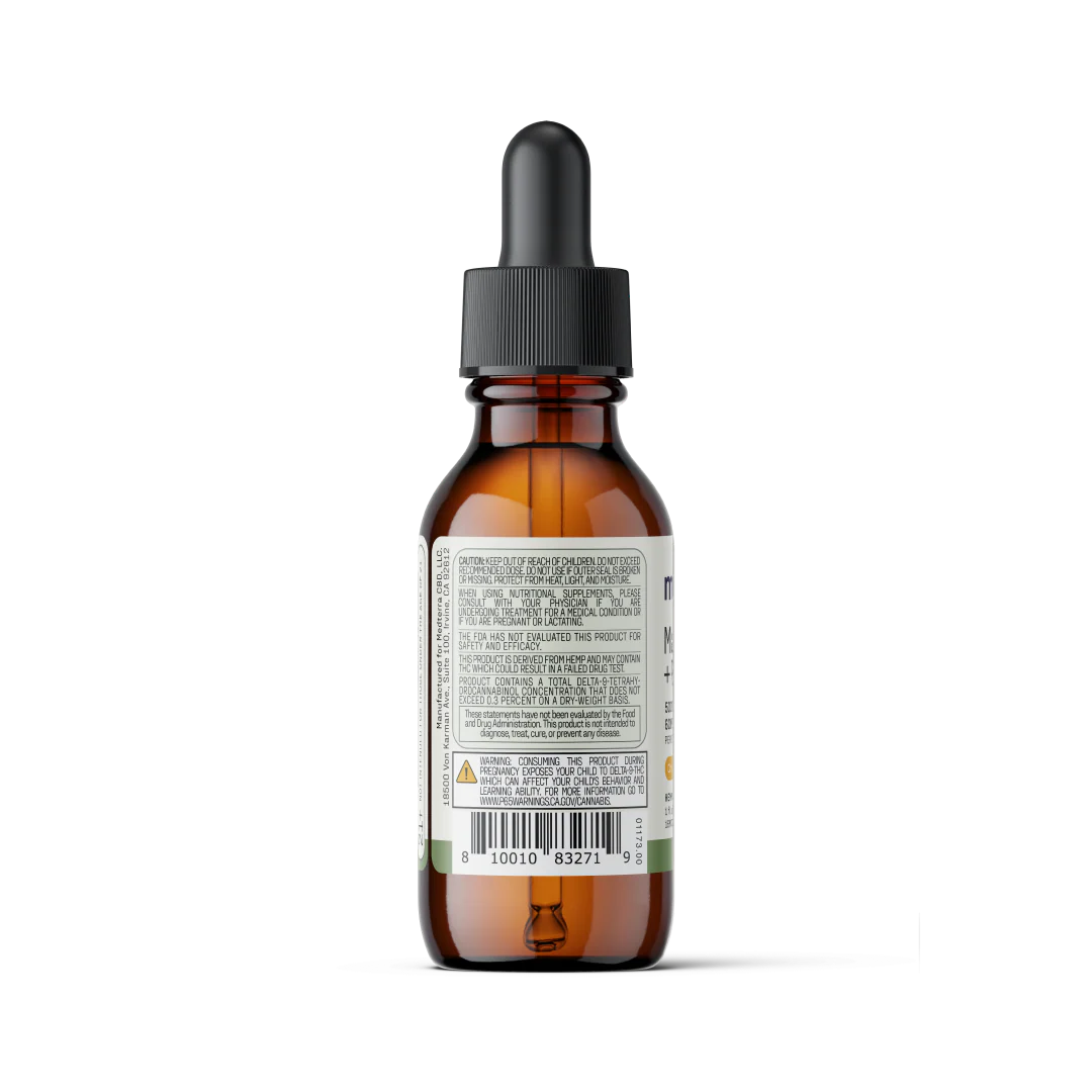 Back view of Max Relief and Relax Full Spectrum CBD Oil amber dropper bottle showcasing warning and ingredient label with barcode on white background