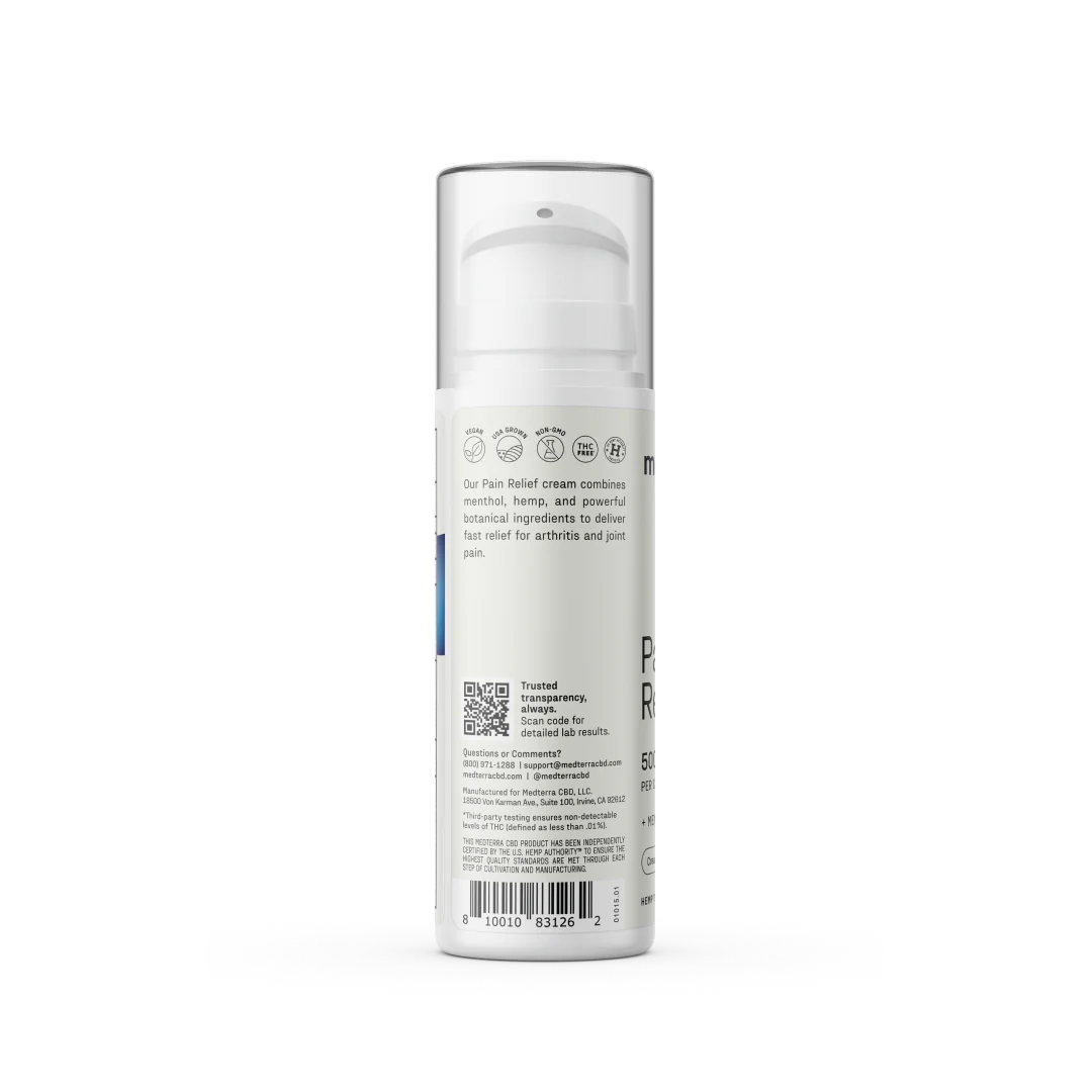 Back view of Pain Relief Cream bottle with pump-top, label listing menthol and arnica, QR code and barcode on white background