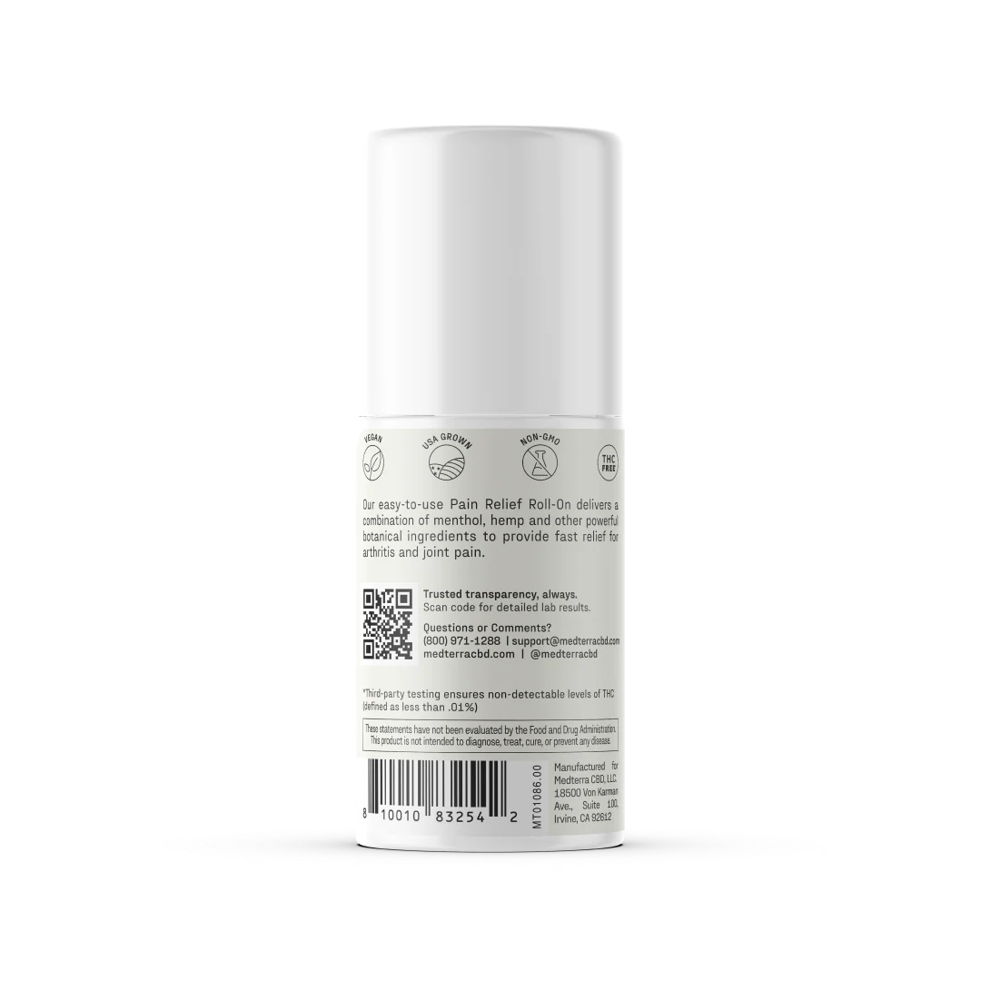 Back view of Medterra Pain Relief Roll-On showing label with QR code, icons, usage text, and barcode on black background