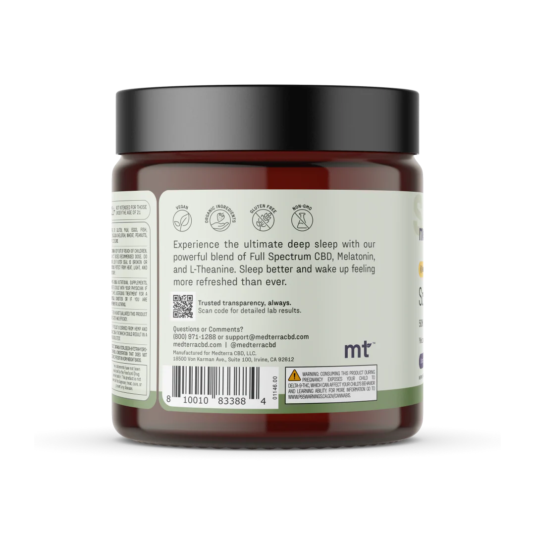Back label of Sound Asleep jar: sleep blend description, icons (vegan, organic ingredients, gluten free, non‑GMO), QR code and barcode.