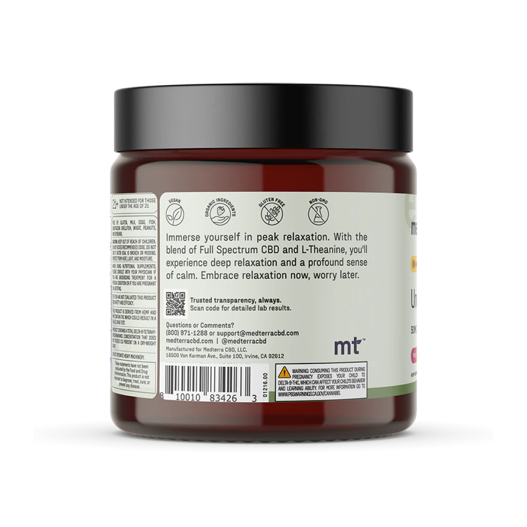 Rear view of Medterra Unwind Gummies jar showcasing label headline 'Immerse yourself in peak relaxation' and listing Full Spectrum CBD, L-Theanine and 5mg THC