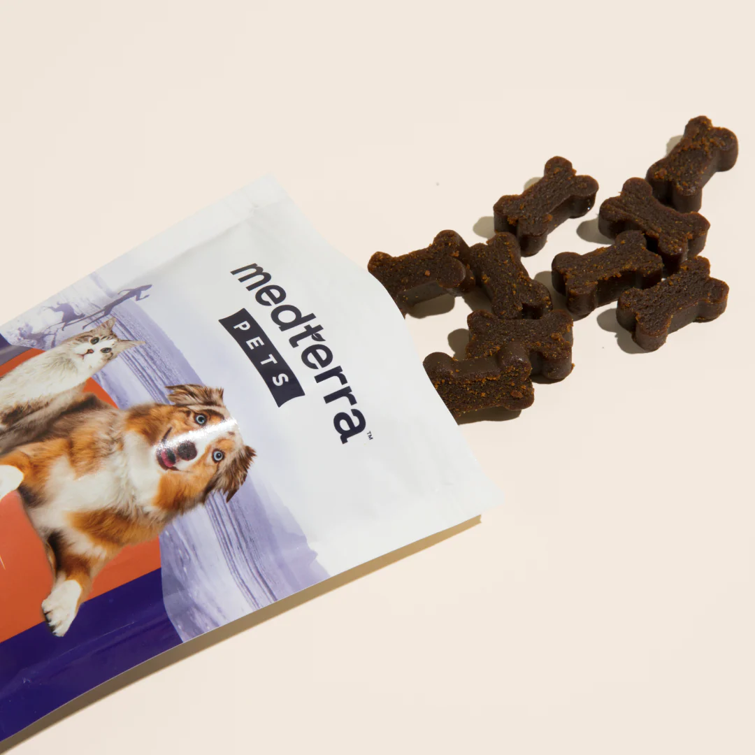 Angled view of Pet CBD Joint Support Chews pouch with Medterra Pets logo and bone-shaped chews on light beige background