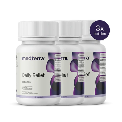 Front view of three Daily Relief CBD isolate bottles (50 mg) showing white caps, purple label accents, and a 3x bottles badge