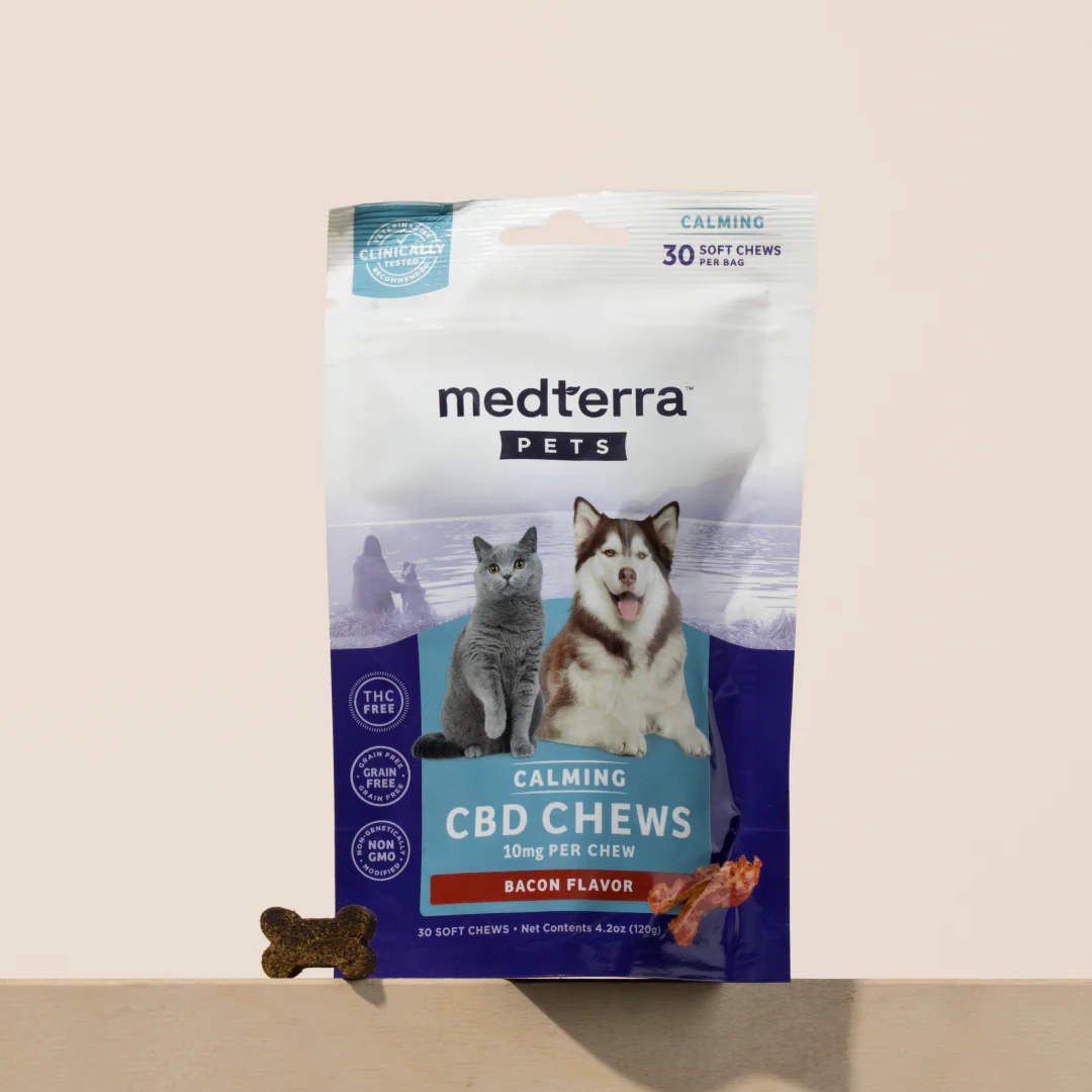 Front view of Medterra Pets Calming CBD Chews pouch showing bacon flavor and 10 mg per chew with one chew on beige background
