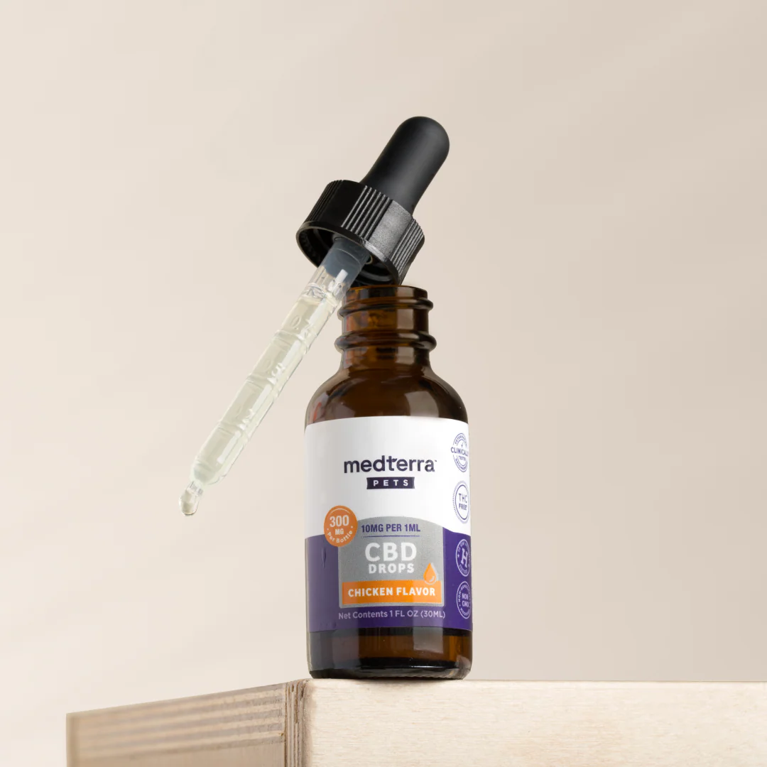 A brown glass bottle of Medterra Daily Relief Pet CBD Tincture with a dropper rests on top. The chicken flavor label displays 300 mg and highlights CBD for pets, placed on a wooden surface with a beige background.