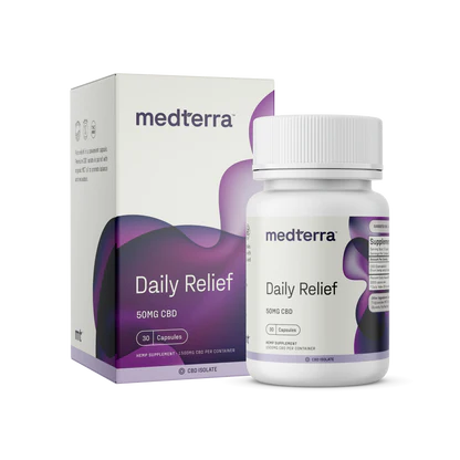 A white bottle and box of Medterra's Daily Relief CBD Isolate Capsules. The label indicates 30 capsules, each offering 50mg of CBD Isolate. The packaging features a purple and black design with white text, highlighting the use of organic MCT Coconut Oil for enhanced absorption.