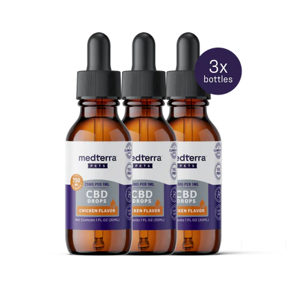 Three medterra PETS CBD DROPS (750 MG, 25MG PER 1ML) CHICKEN FLAVOR, NET CONTENTS 1 FL OZ (30ML) — 3x bottles