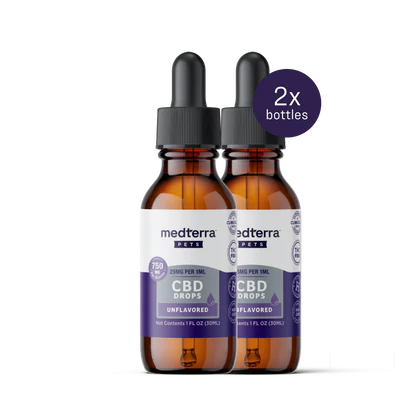 Two amber bottles of Medterra Daily Relief Pet CBD Tincture, labeled "750mg" and "25mg per 1ml." A purple circle at the top right says "2x bottles." Support your pet's joint health and wellness with premium CBD. White background.