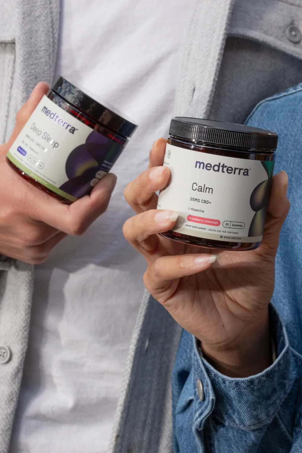 Two jars of Medterra CBD products: 'Deep Sleep' with melatonin and chamomile, and 'Calm' with CBD and L-theanine.