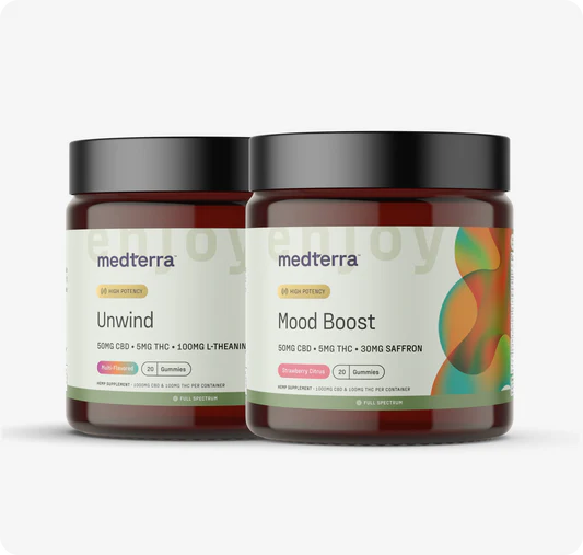 Front view of Mood Gummies Bundle jars, Mood Boost and Unwind, showing 50mg CBD and 5mg THC, colorful label on light gray