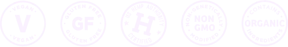 An image showcasing five certification logos from left to right: Vegan, Gluten-Free, U.S. Hemp Authority Certified, Non-GMO, and Organic Contains Ingredients—all representing the highest quality and pure ingredients.