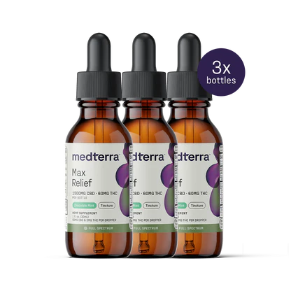 Three bottles of Medterra's Max Relief Full Spectrum CBD Oil, each with 1500mg CBD and 60mg THC, promote well-being and relaxation. The set is marked by a purple circle indicating "3x bottles.