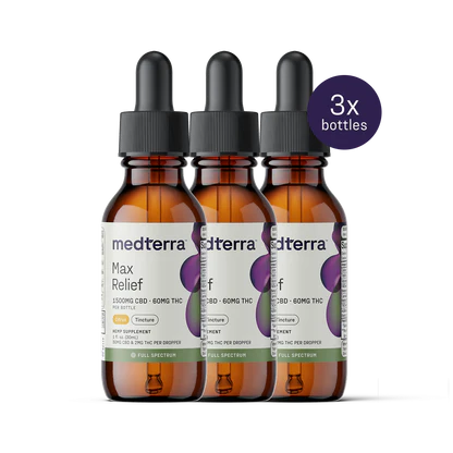 Three bottles of Medterra Max Relief Full Spectrum CBD Oil with black dropper caps are displayed, featuring 1500mg CBD and 60mg THC for relaxation. A purple circle in the top right indicates "3x bottles.