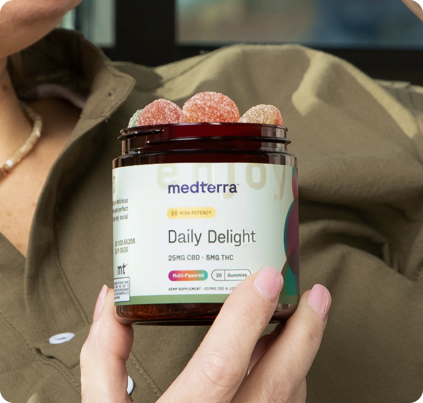 medterra jar labeled Daily Delight — HIGH POTENCY; 25MG CBD; 5MG THC; Multi-Flavored; 20 Gummies; HEMP SUPPLEMENT; enjoy; mt
