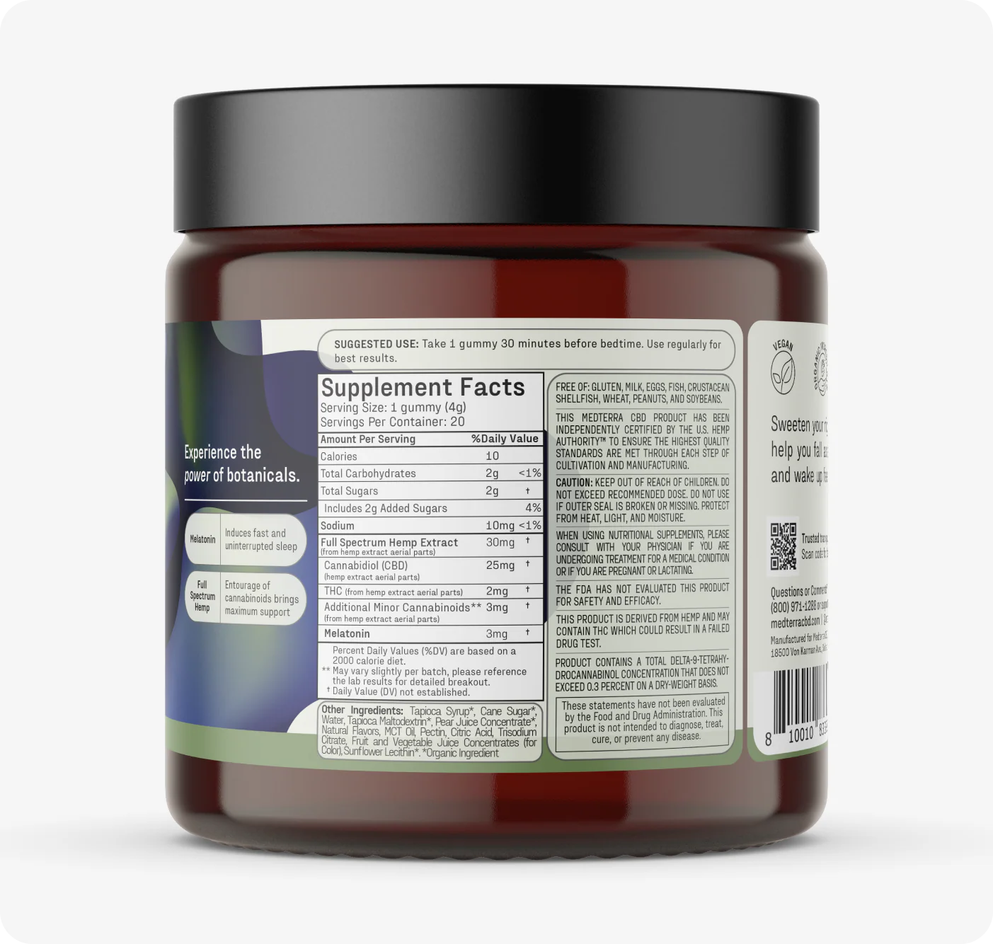 Rear view of Better Sleep Bundle jar showing Supplement Facts label with serving size 1 gummy, CBD 25 mg and melatonin 3 mg on white background