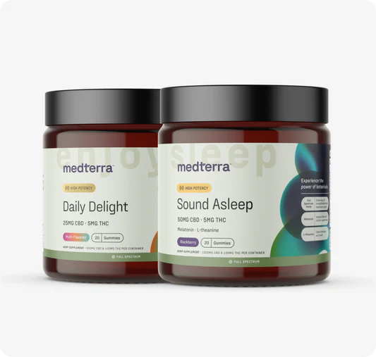 Front view of two Medterra gummy jars, Daily Delight and Sound Asleep, showing product labels and dark lids on a white background
