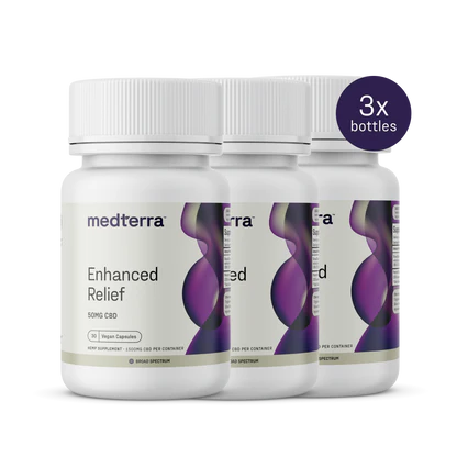 Front view of three Enhanced Relief capsules bottles showing 50mg CBD and vegan badge with 3x overlay on white