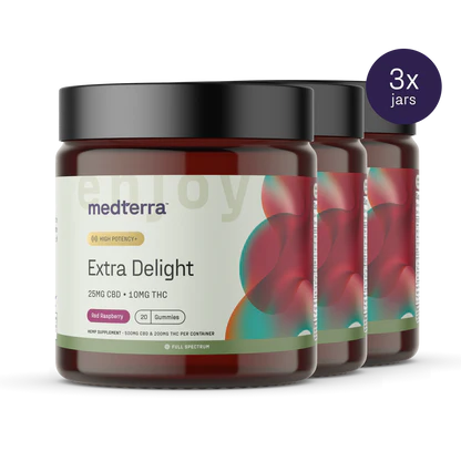 Three jars of Medterra Extra Delight 10mg THC Gummies, labeled “25mg CBD + 10mg THC” and “High Potency.” A purple circle reads “3x jars.” Amber jars with black lids hold delicious red raspberry gummies.