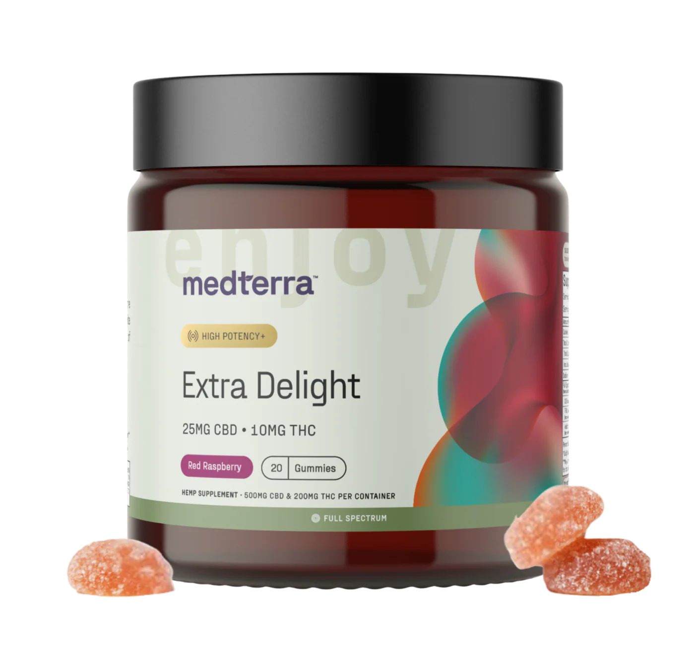 A jar labeled "Medterra Extra Delight 10mg THC Gummies" with a black lid and colorful design features high-potency red raspberry gummies—each containing 25mg CBD and 10mg THC. Three orange sugar-coated gummies are displayed in front.