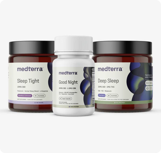 Front of Multi-Spectrum CBD Sleep Bundle: Good Night bottle between Sleep Tight and Deep Sleep jars on light gray background