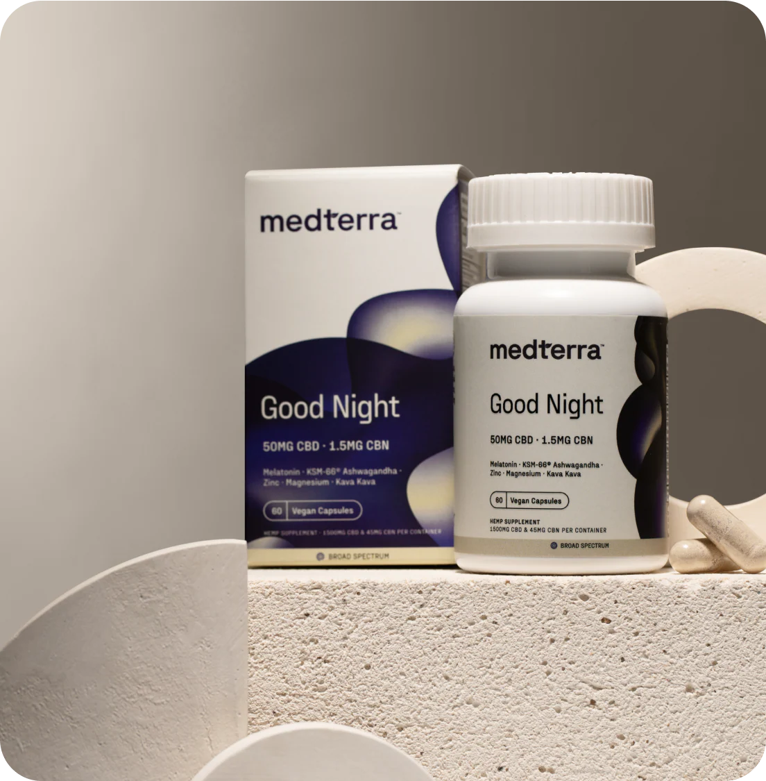 medterra Good Night bottle and box — label: 50MG CBD · 1.5MG CBN; Melatonin KSM-66 Ashwagandha; 60 Vegan Capsules