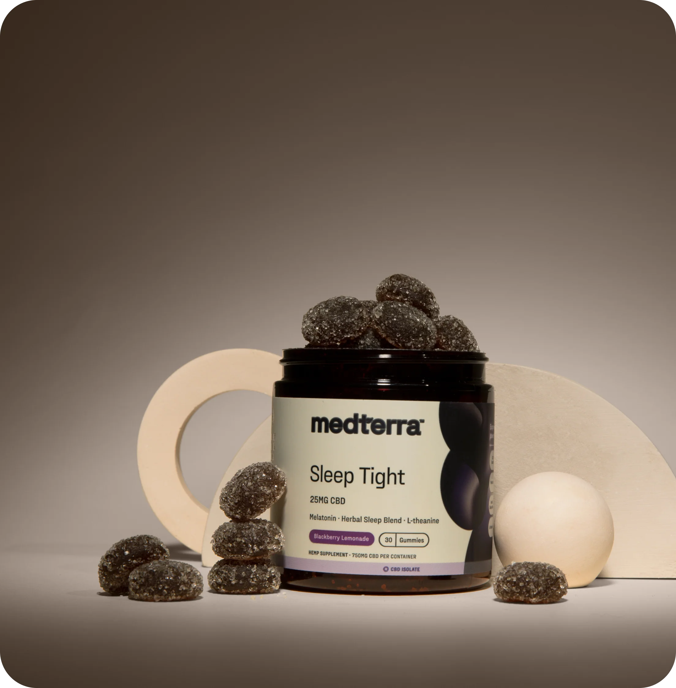 Medterra Sleep Tight CBD gummies jar with sugar-coated dark gummies, flavor Blackberry Lemonade, 30 gummies, 25MG CBD.