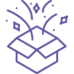 Open box with geometric shapes and lines in purple, symbolizing excitement for subscription box delivery.