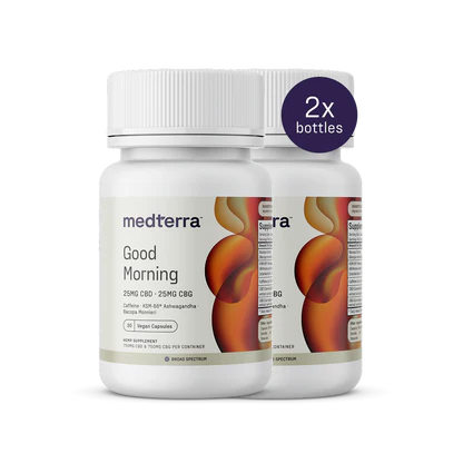 Front view of two Medterra Good Morning bottles showing 25 mg CBD/25 mg CBG per capsule, purple-orange label art and a 2x bottles badge on black background