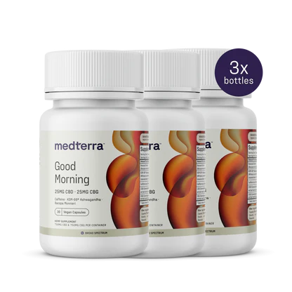 Three Medterra Good Morning Capsules bottles are displayed, each with 25mg of CBD and CBG, adaptogenic herbs like ashwagandha, plus caffeine. The top right corner features a "3x bottles" tag.
