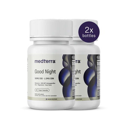 Two Medterra Good Night Capsules bottles feature 50mg CBD, 1.5mg CBN, and melatonin. Labels emphasize Ashwagandha and Kava for restful sleep. "2x bottles" is in the top right on a plain dark background.