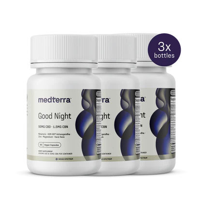 Three Medterra Good Night Capsules bottles are displayed, each with 50mg CBD, 1.5mg CBN, and melatonin to aid sleep. A "3x bottles" purple circle highlights this vegan product.