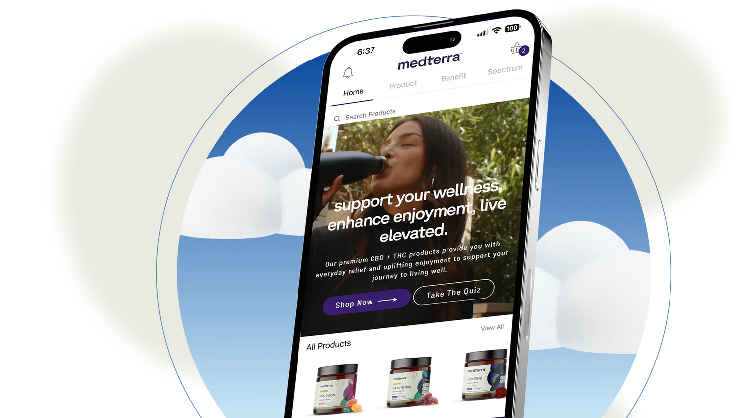 Phone showing Medterra app with headline 'support your wellness, live elevated' against a stylized cloud background