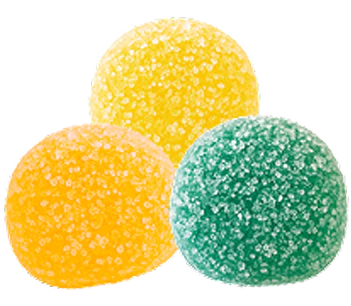 Front view of three Daily Delight CBD gummies (15 mg total) with sugar coating, yellow, orange, and green on white