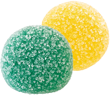 Two sugar-coated gummy candies, one green and one yellow.