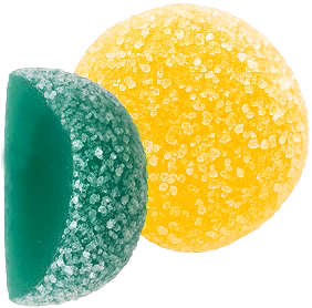 Yellow sugar-coated gumdrop and green gumdrop cut in half to show green interior.