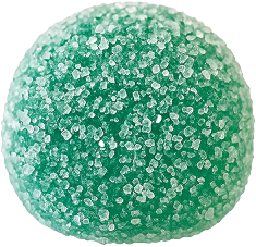 Close-up of 10mg THC gummy showcasing green sugar-coated surface with coarse sugar crystals on white background