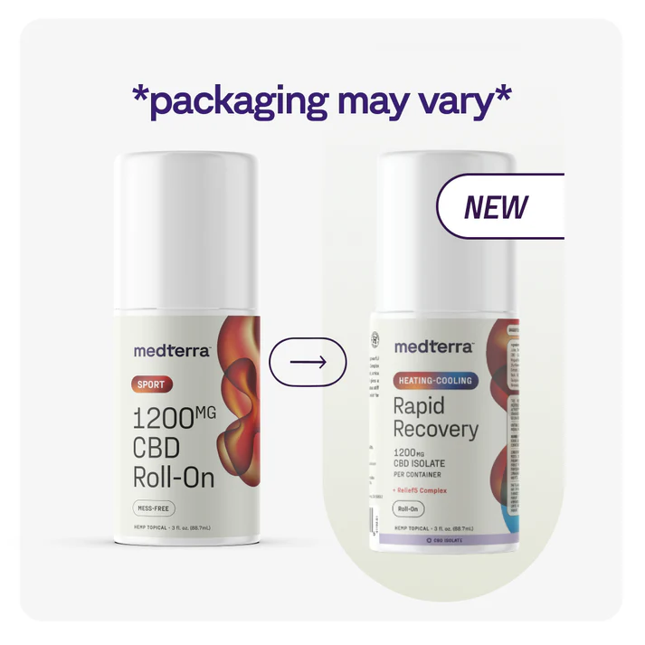 Front view of Heating-Cooling Rapid Recovery Roll On showing old 1200mg CBD packaging (left) and new packaging (right) with packaging may vary banner