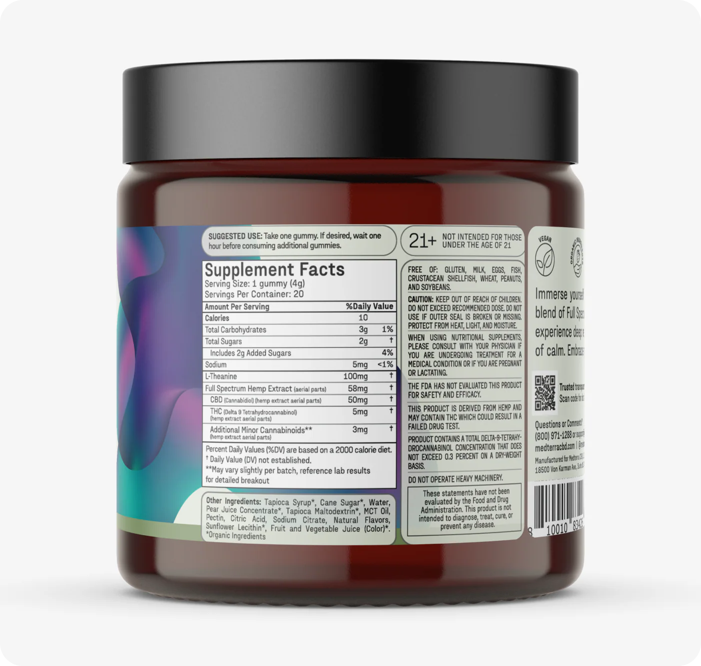 Rear view of Mood Gummies Bundle jar showing Supplement Facts label with serving size, CBD and THC amounts and 21+ warning on a light background