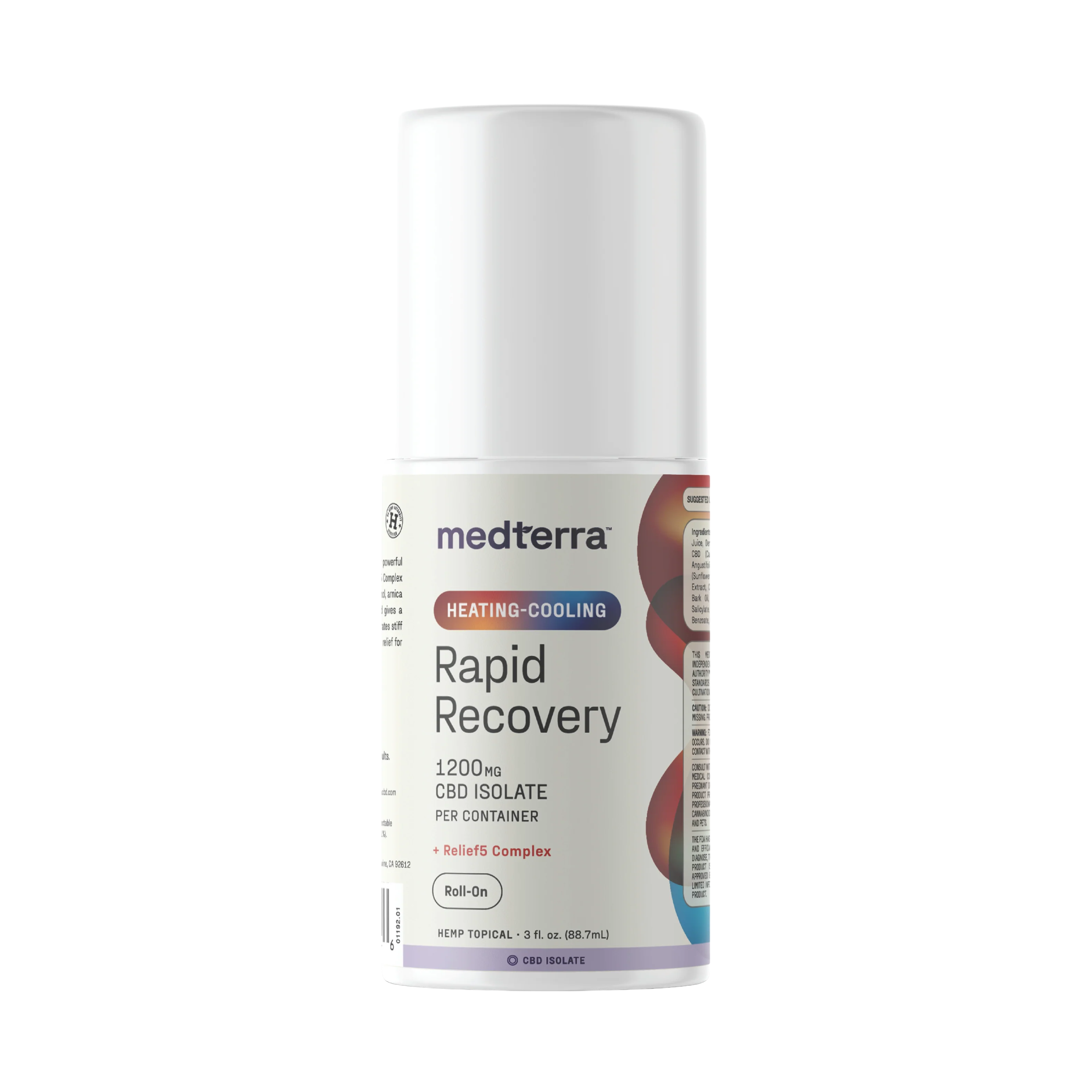 Front view of Heating-Cooling Rapid Recovery Roll-On showcasing 1200mg CBD isolate label and roll-on applicator on white background