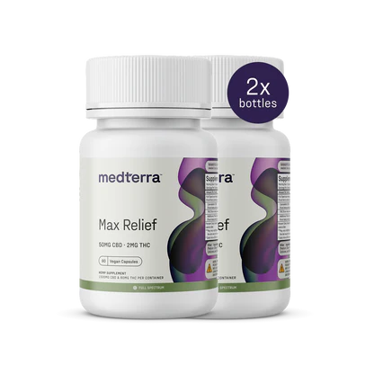 Two Max Relief Full Spectrum Capsules bottles by Medterra, with green and purple abstract designs on white labels, each offer 50mg CBD and 2mg THC. A purple circle shows two bottles are included.