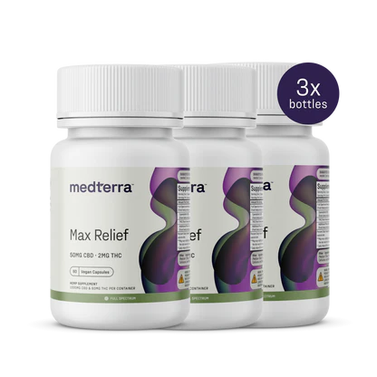 Three white bottles of Medterra's Max Relief Full Spectrum Capsules stand in a row, each delivering 50mg CBD and 2mg THC. The label showcases swirling green and purple graphics with a "3x bottles" indicator.