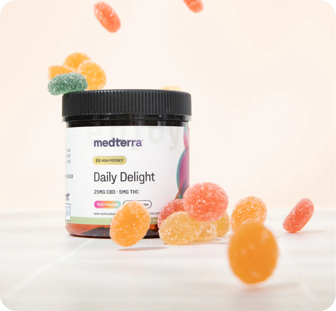 Front view of Daily Delight CBD Gummies jar showing 25MG CBD 5MG THC label with colorful sugared gummies on a pale background