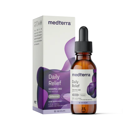 Front of Daily Relief CBD Isolate Oil 3000mg bottle with dropper, amber glass and purple-accented box on white background
